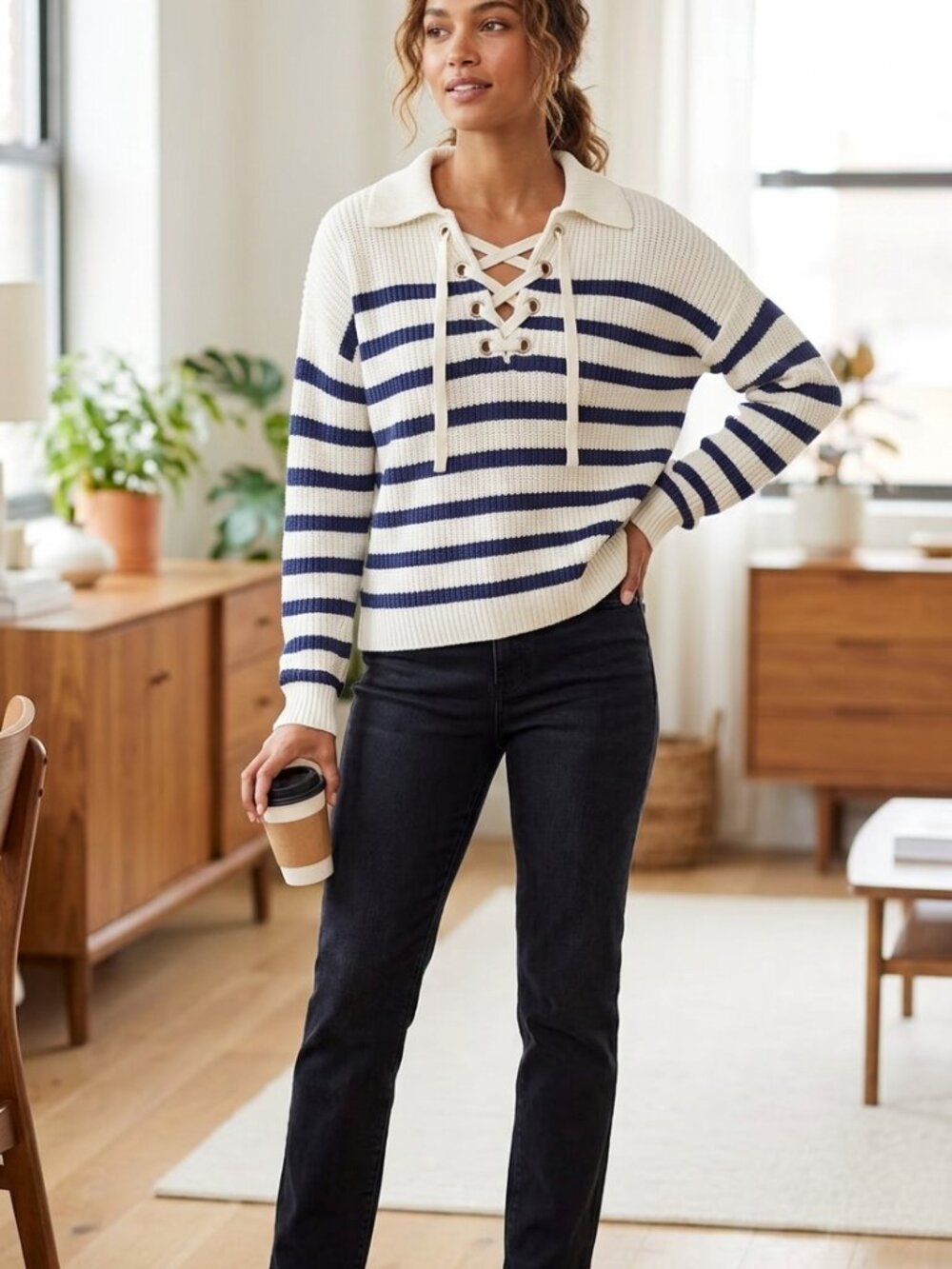 Women cream and navy blue striped knit sweater from Loft